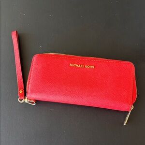Michael Kors Saffiano Zip Wristlet Wallet with Gold Logo